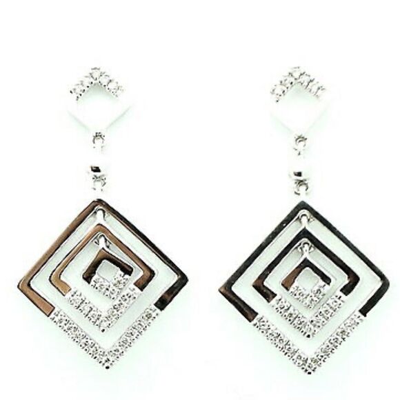 💛 14k White Gold Square Diamond Drop Earrings - Picture 4 of 8